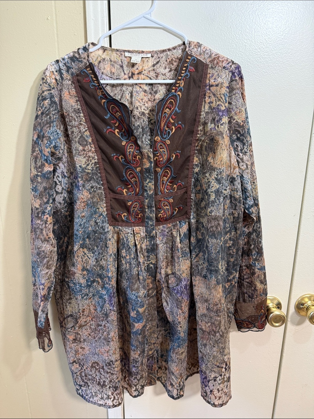 Coldwater Creek Paisley Embroidered Boho Tunic Top 1X Artsy Earthy Button Front - Picture 2 of 12